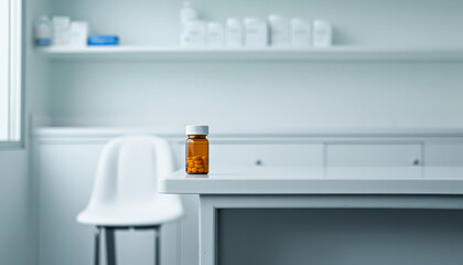 Bottle of medication is placed on a table in a sterile, white room. The bottle is orange and the room is devoid of any other objects or decorations