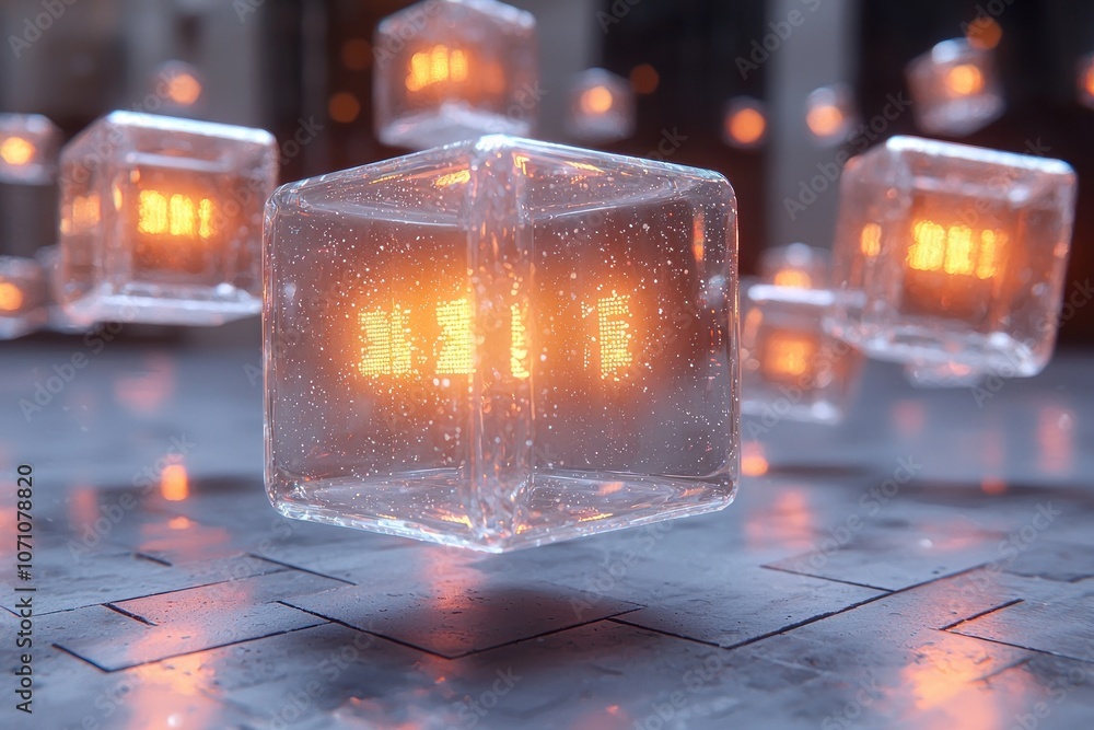 Poster transparent cubes with glowing inner lights on a tiled floor