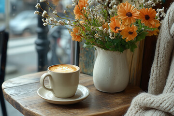 A person enjoying a cup of coffee while taking a break at a cozy café with flowers on the table during a peaceful morning