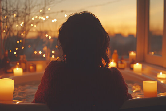 A tranquil evening bath experience with candles, enjoying a sunset view from a cozy indoor setting
