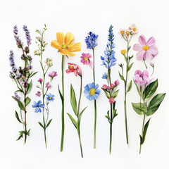 Beautiful watercolor flowers arranged in vibrant display on white background, showcasing various colors and types, evoking sense of freshness and nature beauty