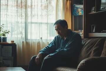 Melancholic elderly Asian man on a couch at home