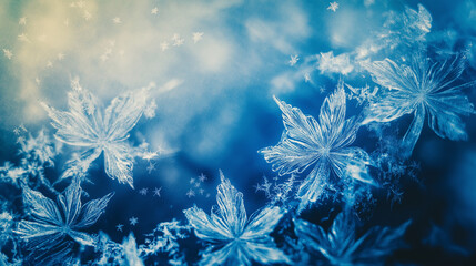 Realistic Frozen petals and Flowers on deep blue background, beautiful Winter Background with ice, frost and snowflakes, bokeh and snowfall, Christmas atmosphere