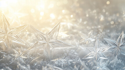 Winter background pattern with ice stars and snowflakes, Christmas bokeh, Natural hoar frost, Snowflakes close up, Beautiful ice crystals, Magical atmosphere banner and wallpaper