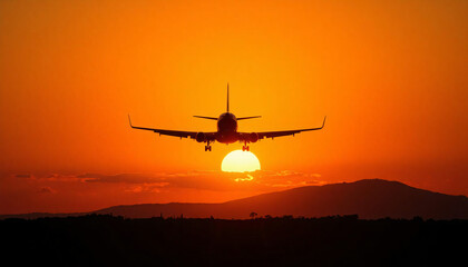 airplane at sunset landing