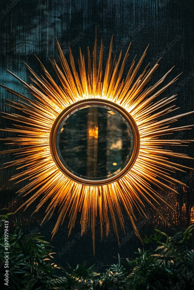Aufkleber a circular mirror-like frame with rays extending outward like the sun