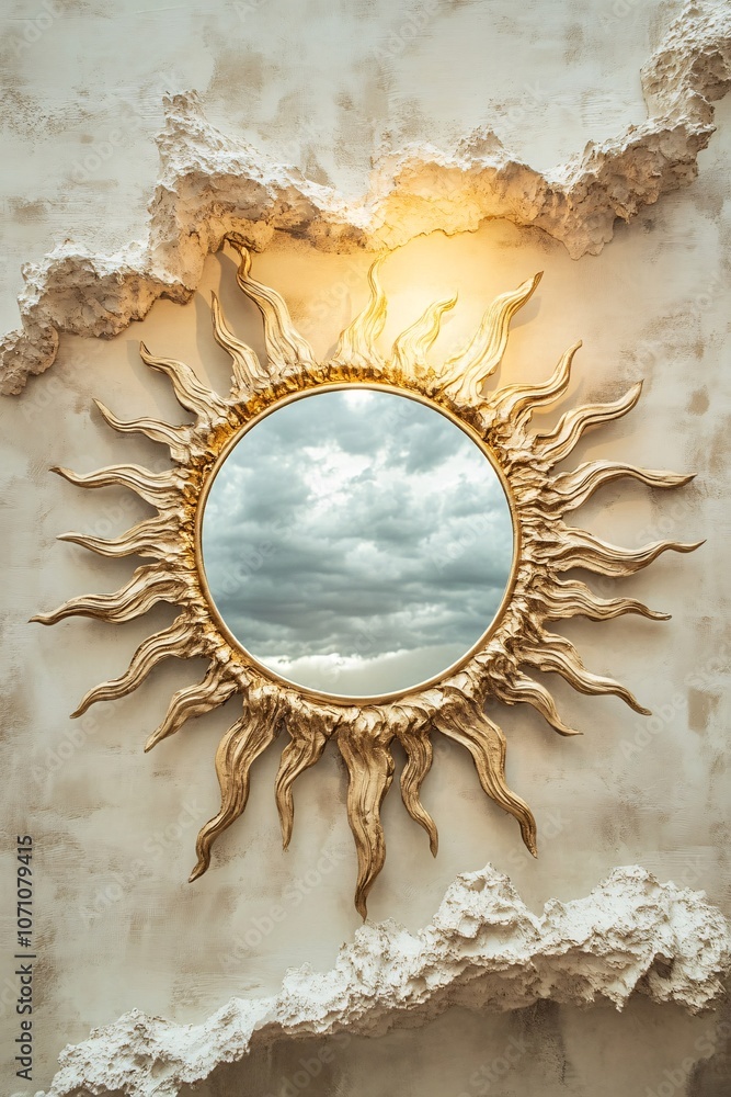 Poster a circular mirror-like frame with rays extending outward like the sun