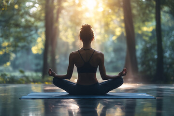 Fototapeta premium A person practices yoga in a tranquil forest at sunrise, surrounded by nature's beauty and soft light
