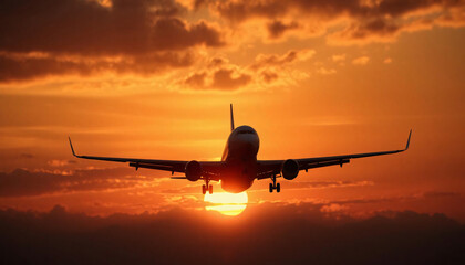 Fototapeta premium airplane landing at sunset