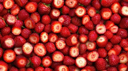   A cluster of strawberries halved and arranged to resemble stacked on top of one another