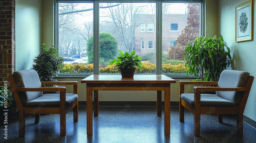 Poster a warm waiting area features wooden chairs and a table centered underneath a large window. outside, 