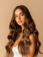Naklejka premium A beautiful woman with long, brown hair, a fashion portrait against a brown background