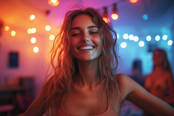 Fototapeta premium Young people having an impromptu dance party with colorful lights in a cozy indoor space at night