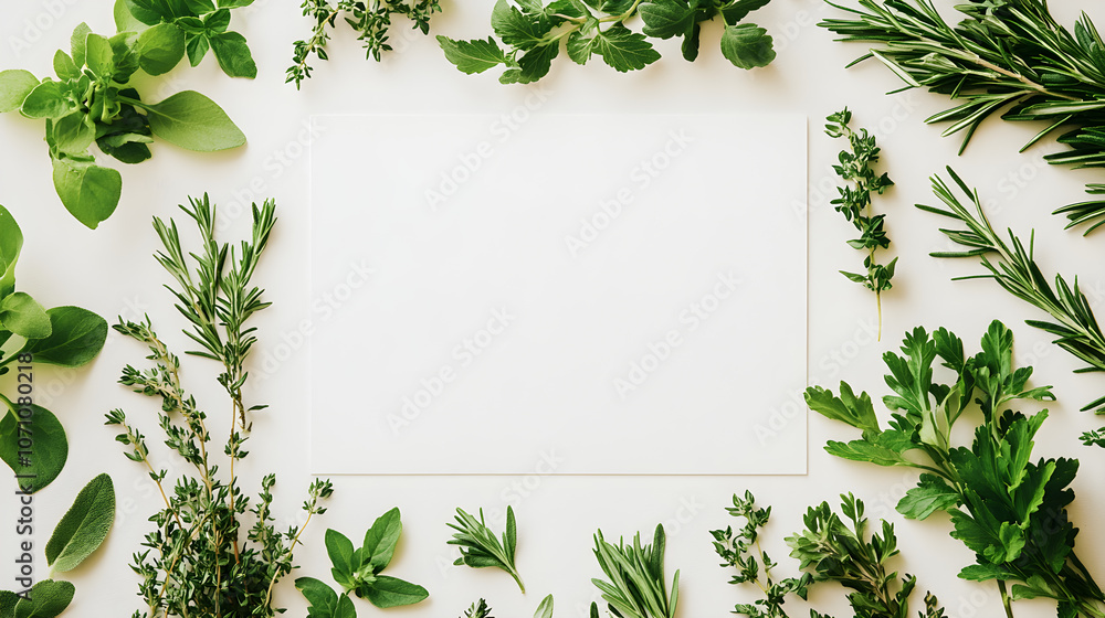 Poster a top-down view of a blank menu sheet with fresh herbs scattered around it
