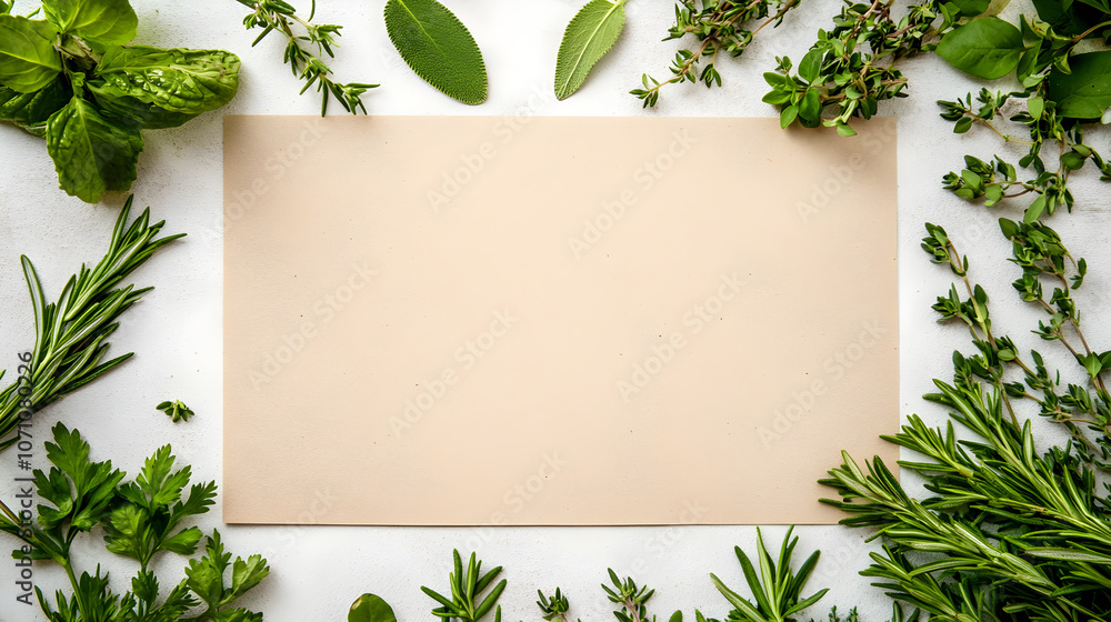 Poster a top-down view of a blank menu sheet with fresh herbs scattered around it