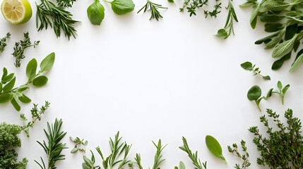 Naklejka premium A top-down view of a blank menu sheet with fresh herbs scattered around it