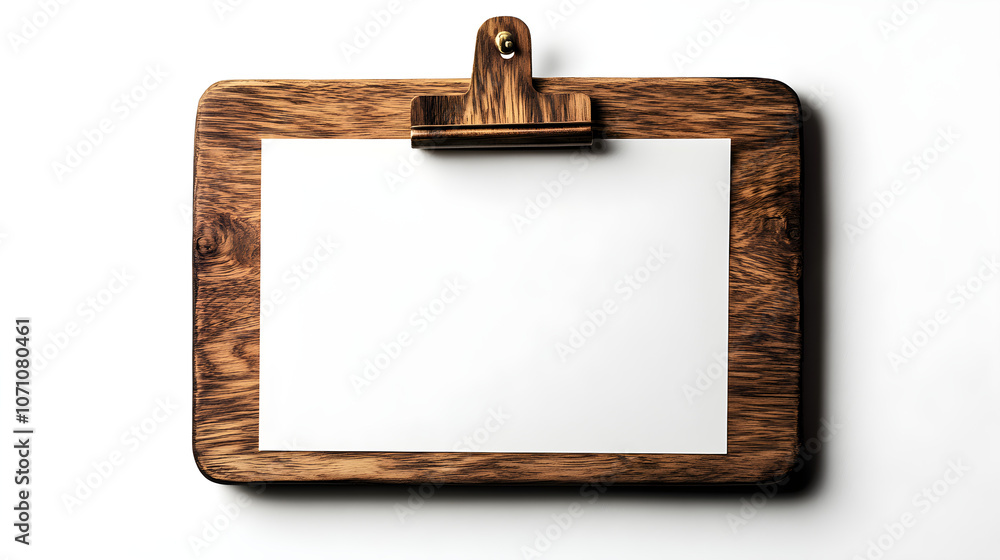 Poster a blank menu attached to a rustic wooden clipboard, styled with subtle shadows for a clean