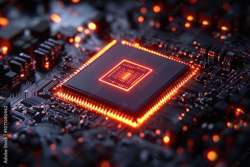 Poster Illuminated Microchip on a Circuit Board with Glowing Connections