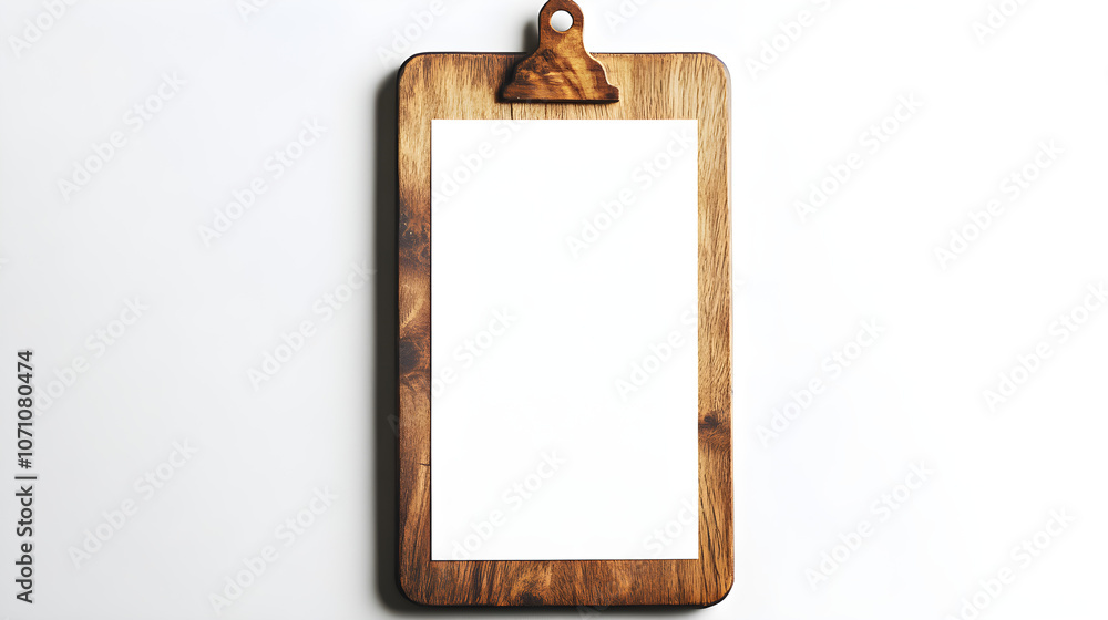 Poster a blank menu attached to a rustic wooden clipboard, styled with subtle shadows for a clean