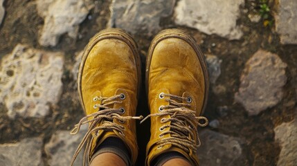 A pair of worn yellow boots on a stone path. - Powered by Adobe