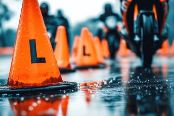 Navigating cones during a motorcycle lesson Close up of a letter L sign Motorbike training track