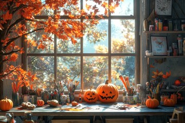 Obraz premium Cozy Autumn Scene with Pumpkins and Art Supplies