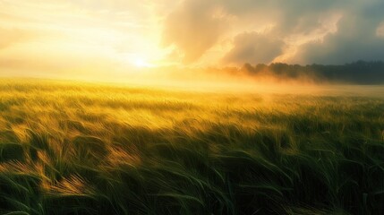 Fototapeta premium golden organic wheat field to make whole wheat bread at agriculture farm in the misty morning sunrise. 