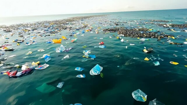 Aerial view of plastic garbage floating in the ocean