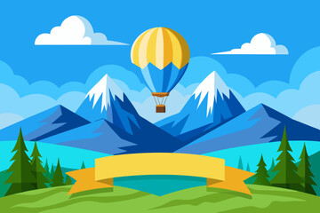 A hot air ballon on a blue sky over a beautiful mountain landscape