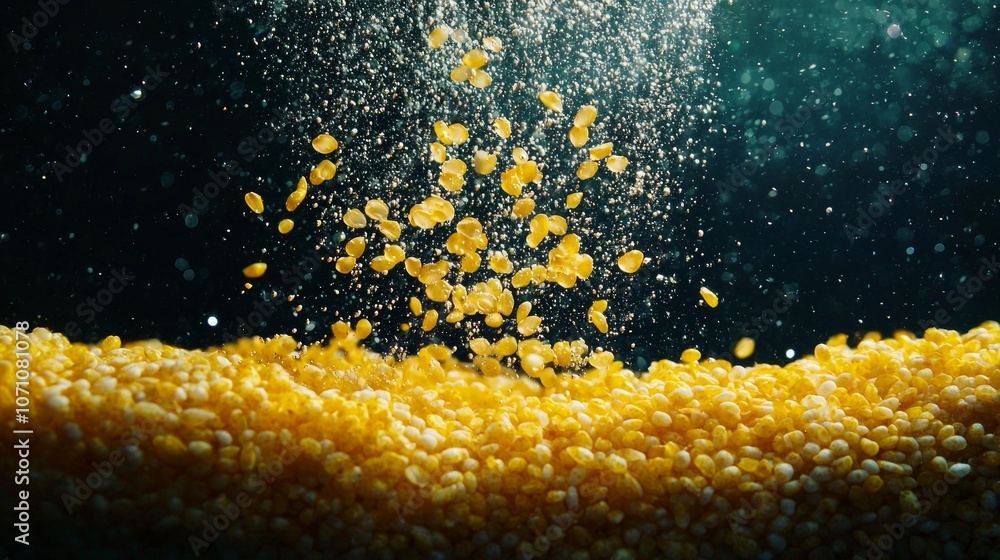 Poster individual corn grits float water surrounded bubbles creating mesmerizing visual effect dark backdro