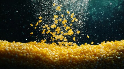 Individual corn grits float water surrounded bubbles creating mesmerizing visual effect dark backdrop highlighting their unique shape and color.