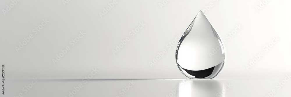 Poster a 3d icon of a water droplet with a glossy surface and soft reflections, centered on a solid white b