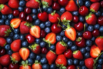 Fototapeta premium Overhead view of a fruit salad featuring strawberries blueberries and sweet cherries