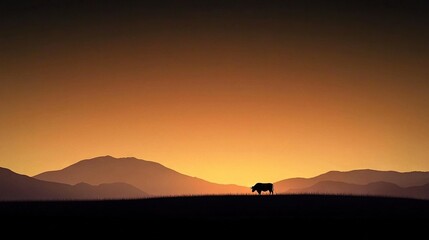 Fototapeta premium A photo of a cow in a field with mountains in the background and a sun setting in the middle of the sky