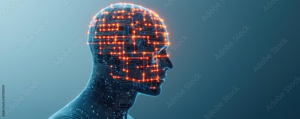 Poster a digital representation of a human head, resembling a network of interconnected nodes and circuits,