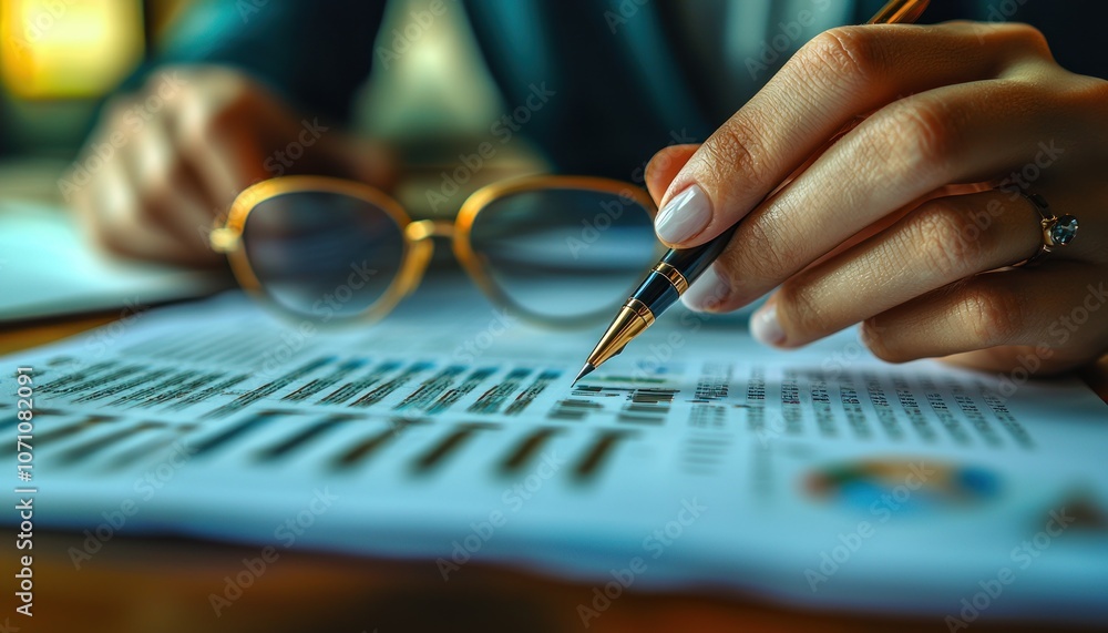 Poster close-up of hand holding a gold pen pointing to a graph on a page