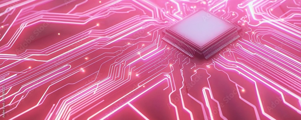 Poster a close-up of a modern microchip surrounded by intricate pink circuit patterns, technology