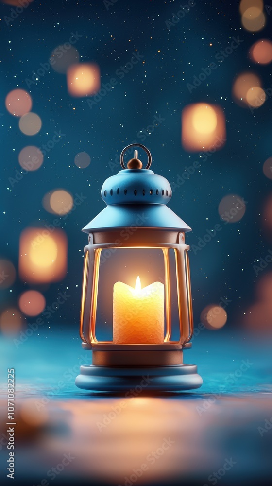 Poster a glowing lantern with a candle illuminates a dimly lit background filled with soft bokeh lights, cr