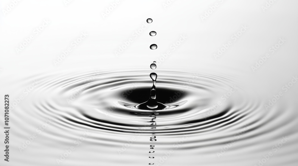 Poster a circular splash of water in an abstract pattern, with droplets scattered outward, creating a sense