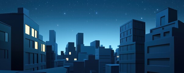 A serene night cityscape featuring silhouetted buildings under a starry sky