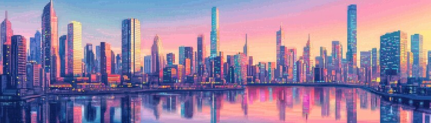 Fototapeta premium A vibrant city skyline at sunset, reflecting colorful hues on the water