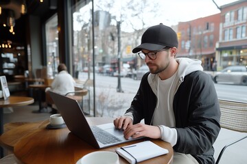 Fototapeta premium Young Professional Works on Laptop in Cozy Cafe Environment