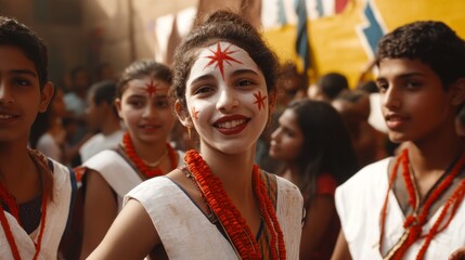 Fototapeta premium Cultural exchange program captures students sharing traditions