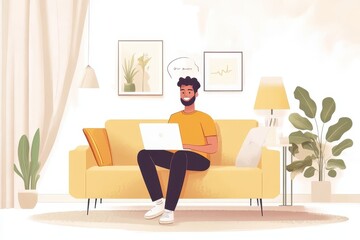 Fototapeta premium Remote work Happy Indian freelancer using a laptop on his couch at home enjoying his job