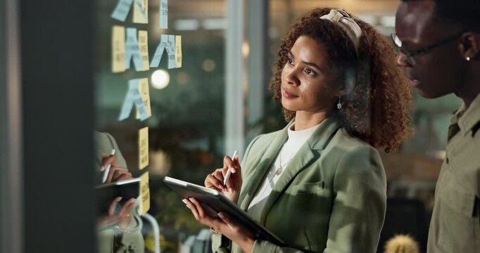 Business, people and tablet with sticky notes on glass wall with training, workflow management and coaching. Professional, employee and learning in office for company workshop and upskill development