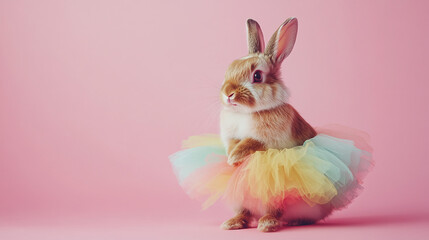 Obraz premium Fluffy Bunny in a Colorful Tutu, Sitting Gracefully Against a Soft Pastel Pink Background
