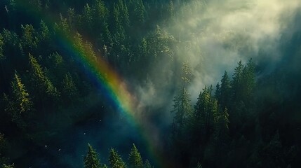 Fototapeta premium An aerial perspective of a rainbow amidst a forest shrouded in fog, with trees in the foreground