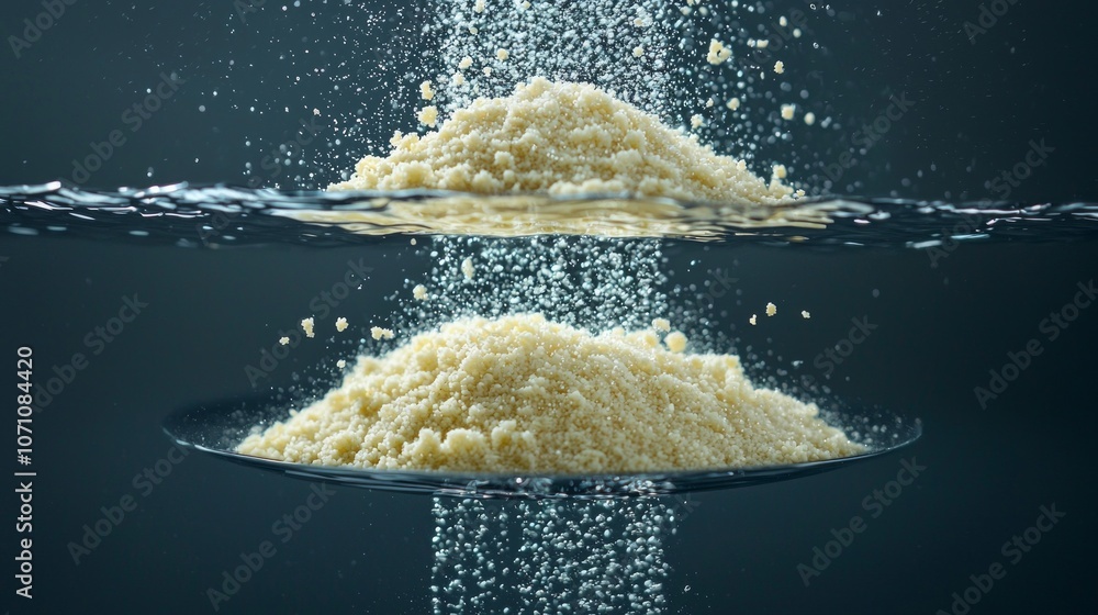Poster delicate semolina grains float separately water creating captivating visual effect contrasting dark 