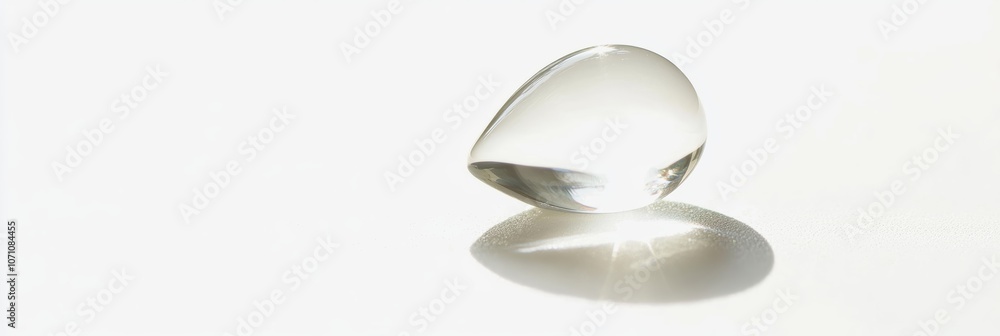 Poster a macro shot of a single water drop falling with light reflections and soft shadows, isolated on a b