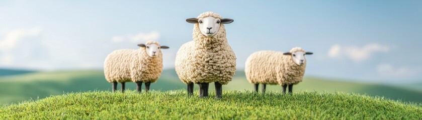 Fototapeta premium Three fluffy sheep stand together on a grassy hill, basking in the sunlight